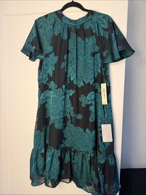 Eliza J Black Dress with Teal Floral Detail and Ruffle Hem